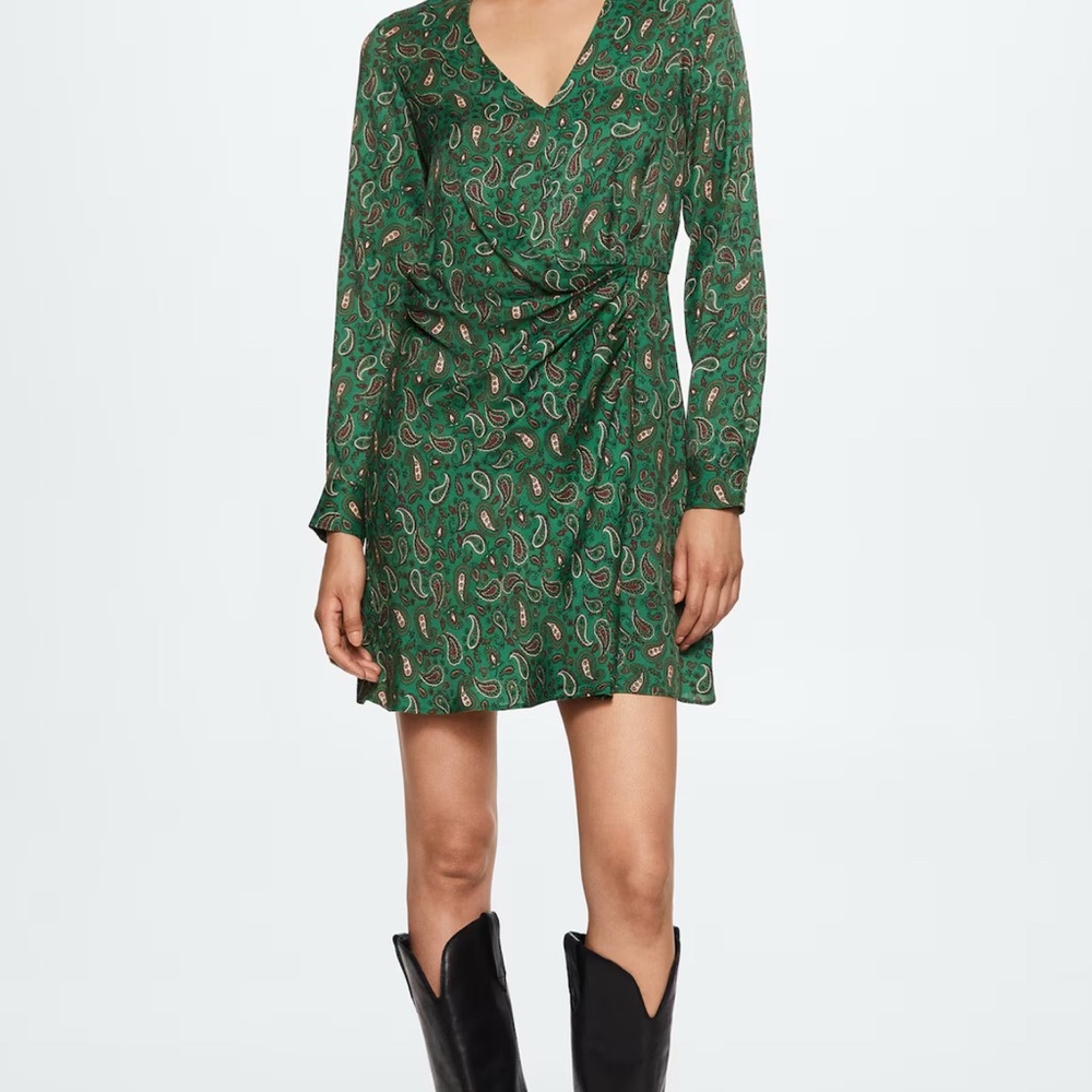 Mango Green Wrap Mini Dress with Bishop Sleeves